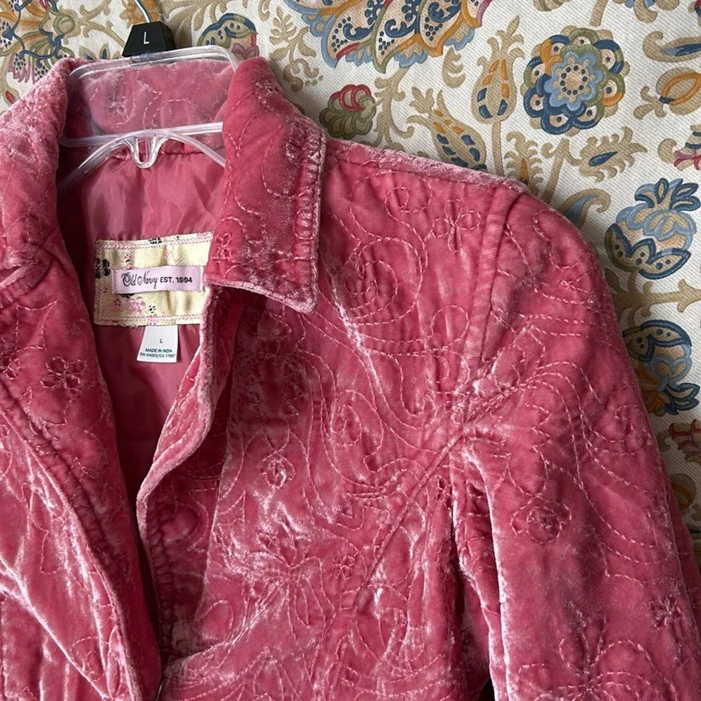 Vintage Old Navy Girls Pink Velvet Embroidered Blazer w/Bow Pockets Split Cuff L